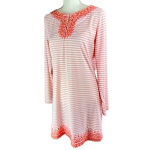 CABANA LIFE White Orange Embroidered Dress M Sun Protection Long Sleeve Vacation